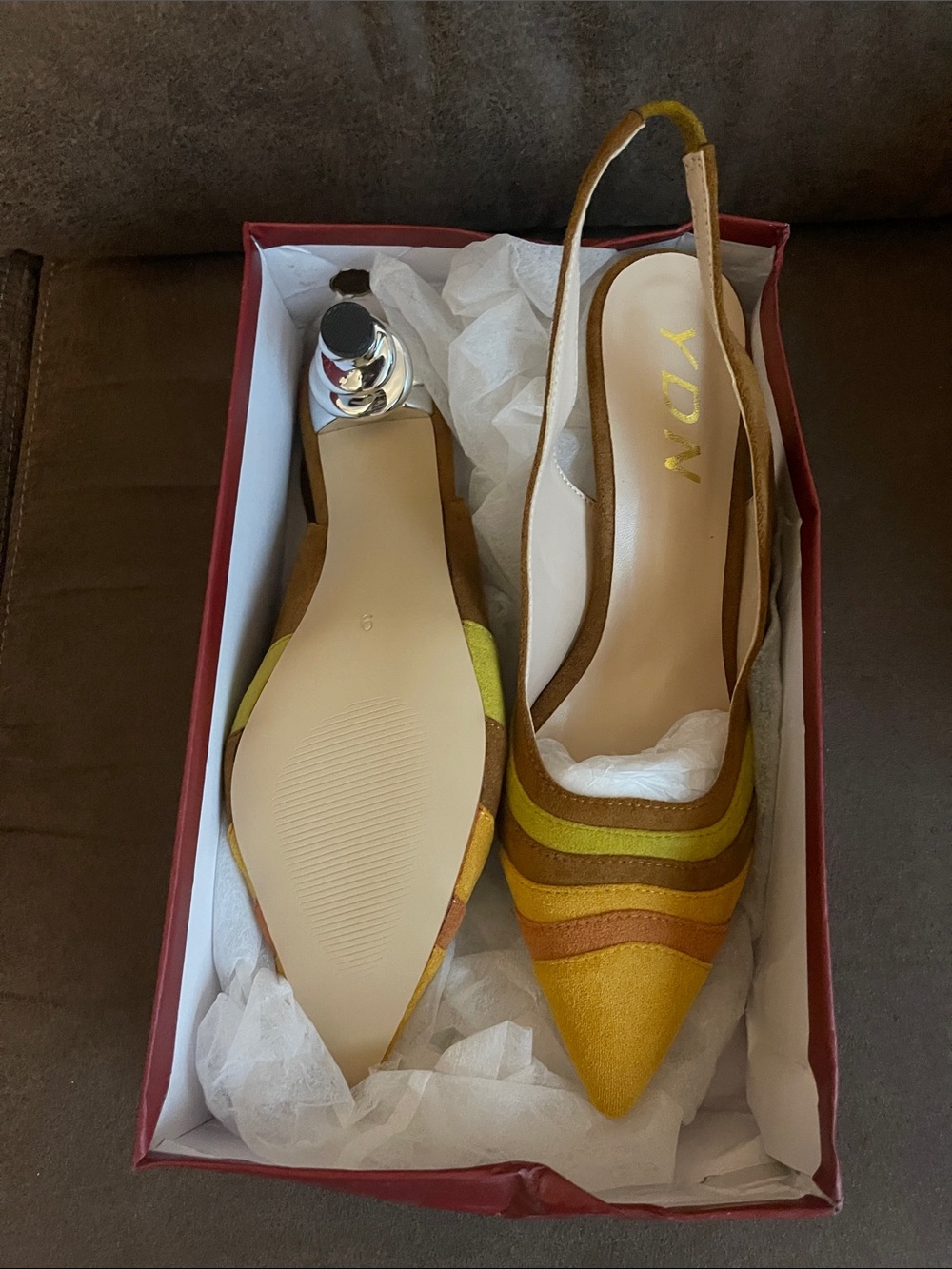 YDN Yellow and Brown Striped Pointed Slingback Flats with Olive Accent